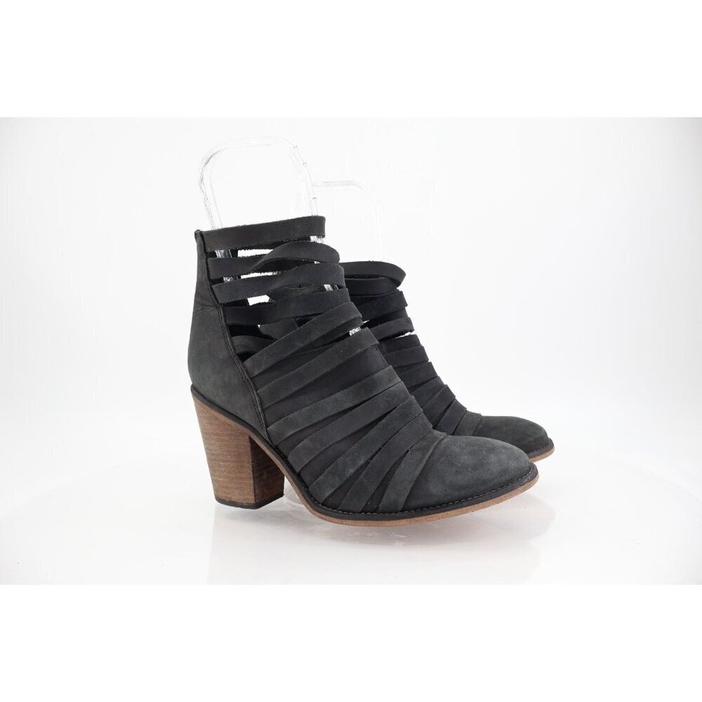 Free People Hybrid Stacked Block Heel Black Ankle Booties Strappy Leather 40 10